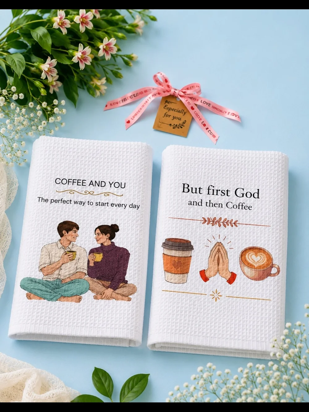 White Coffee-Themed Kitchen Towels Set of 2